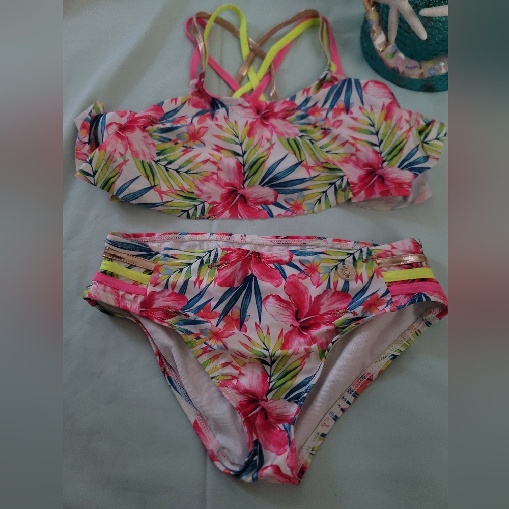 Floral Bikini Set with Pink and Green Accents